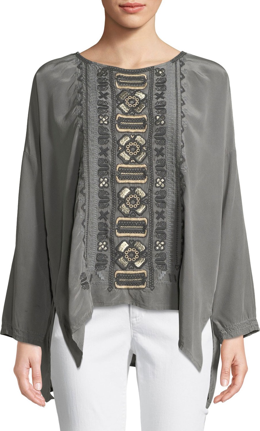 Johnny Was Alka Bateau-Neck Long-Sleeve High-Low Silk Blouse w/ Embroidery