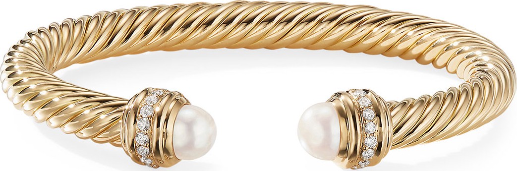 David Yurman 18k Gold Cable Bracelet w/ Diamonds & Pearls, 7mm, Size M