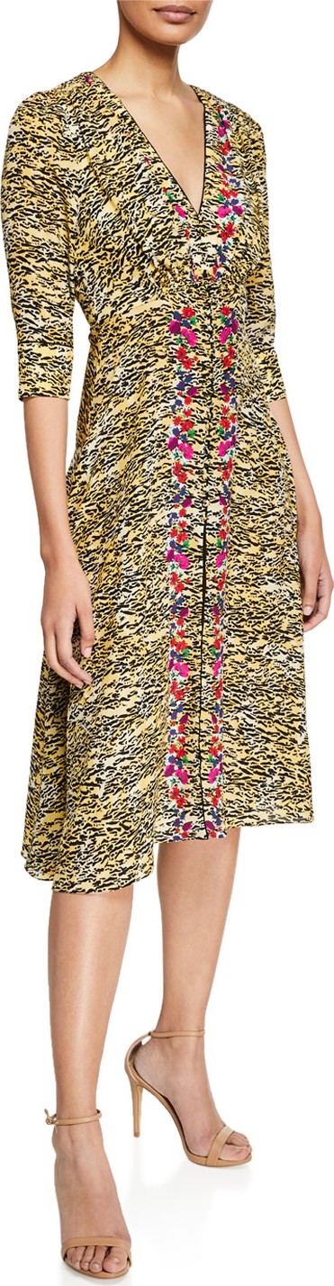 Saloni Eve Tiger-Print V-Neck Silk A-Line Dress