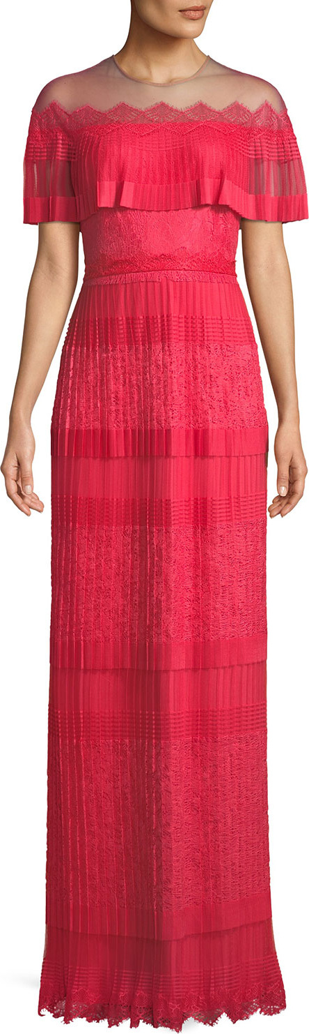 Tadashi Shoji Tristan Pleated Illusion Lace Gown