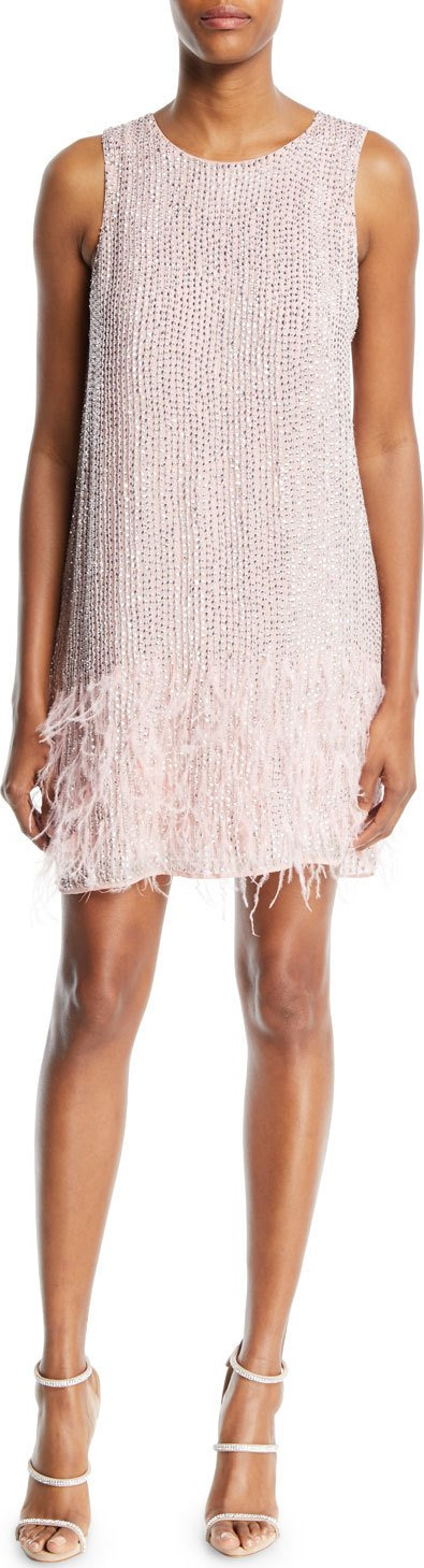 Parker Allegra Beaded Tank Cocktail Dress w/ Feather Hem