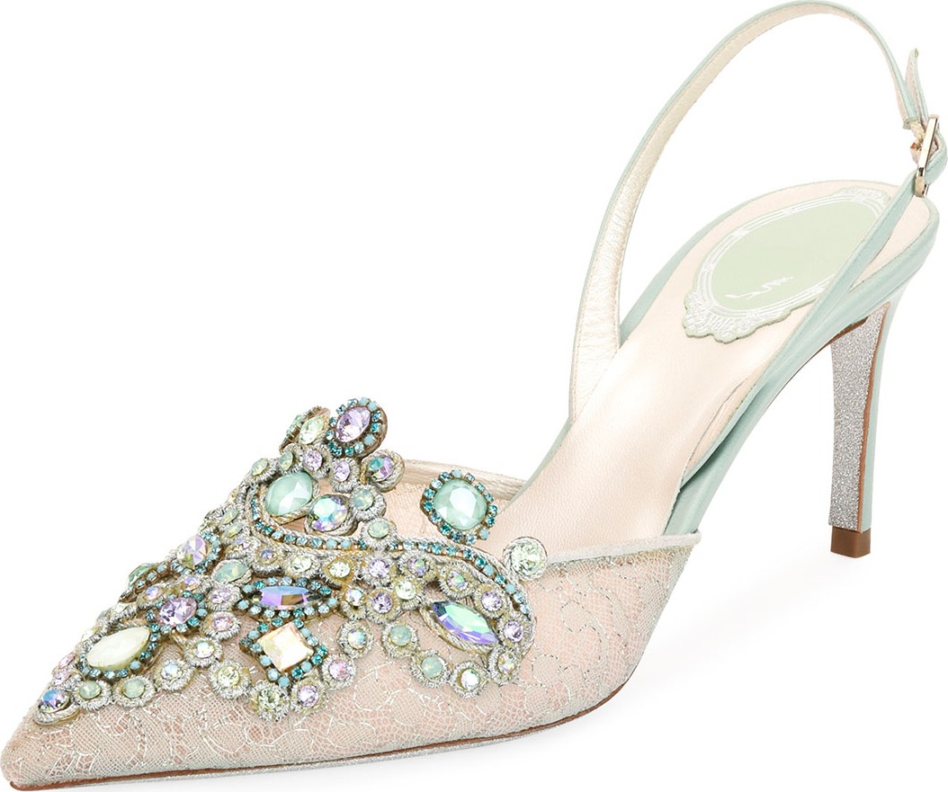 Rene Caovilla Venezia Embellished Lace Pumps, Light Green