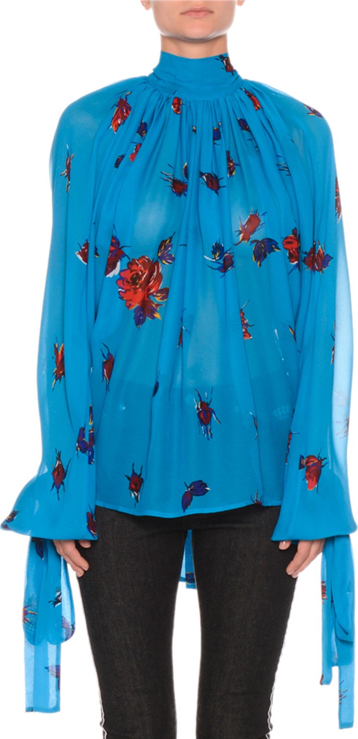 MSGM Floral Tie-Neck Shirred Chiffon Top