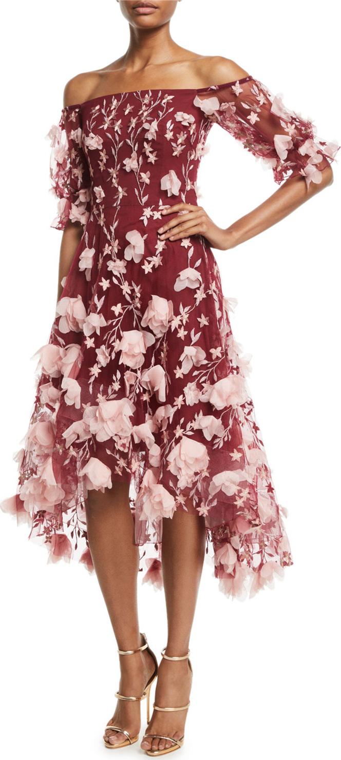 Marchesa Notte Off-the-Shoulder 3D-Floral High-Low Cocktail Dress