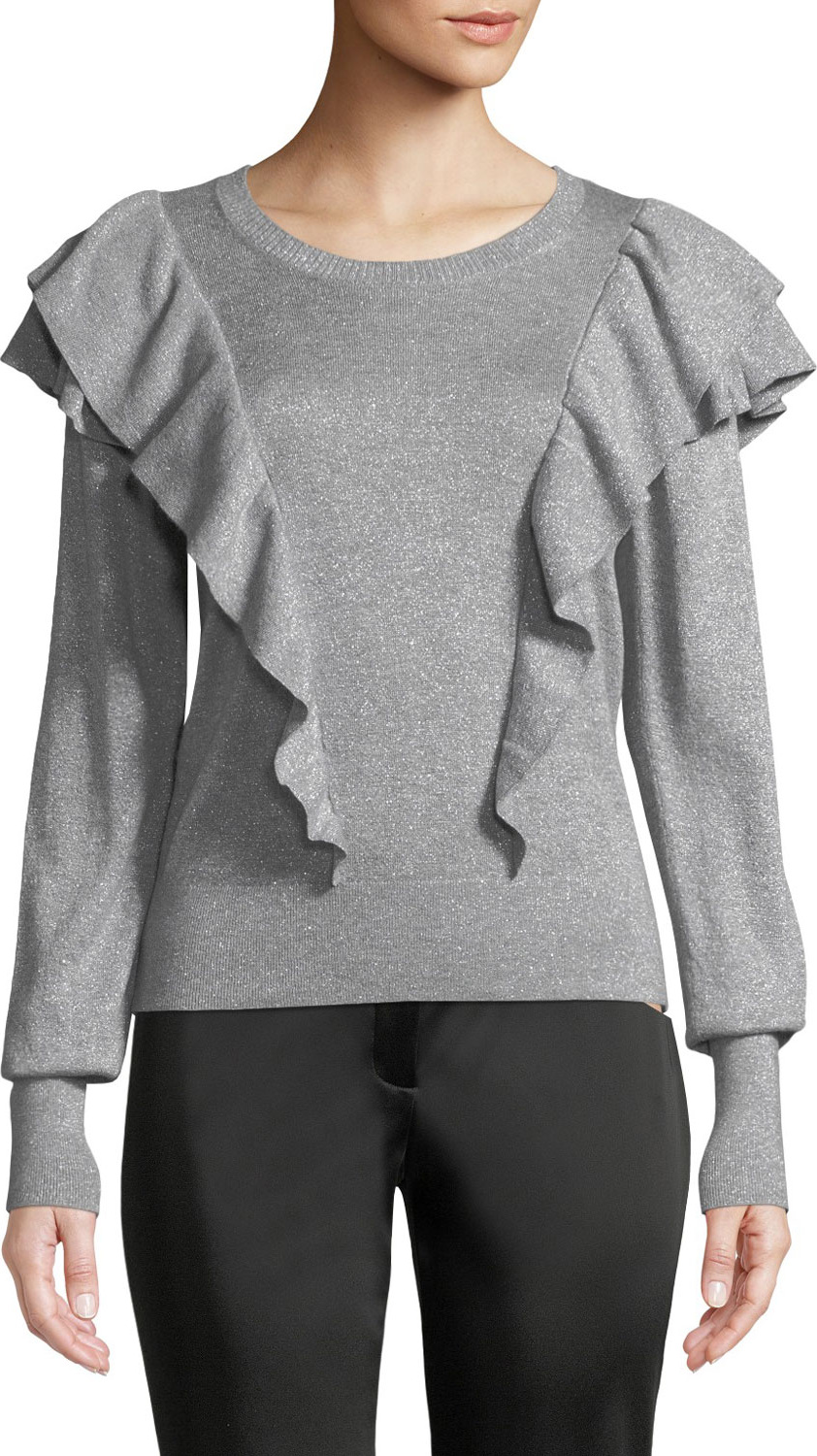 Veronica Beard Centre Ruffle Frills Crewneck Metallic-Knit Sweater