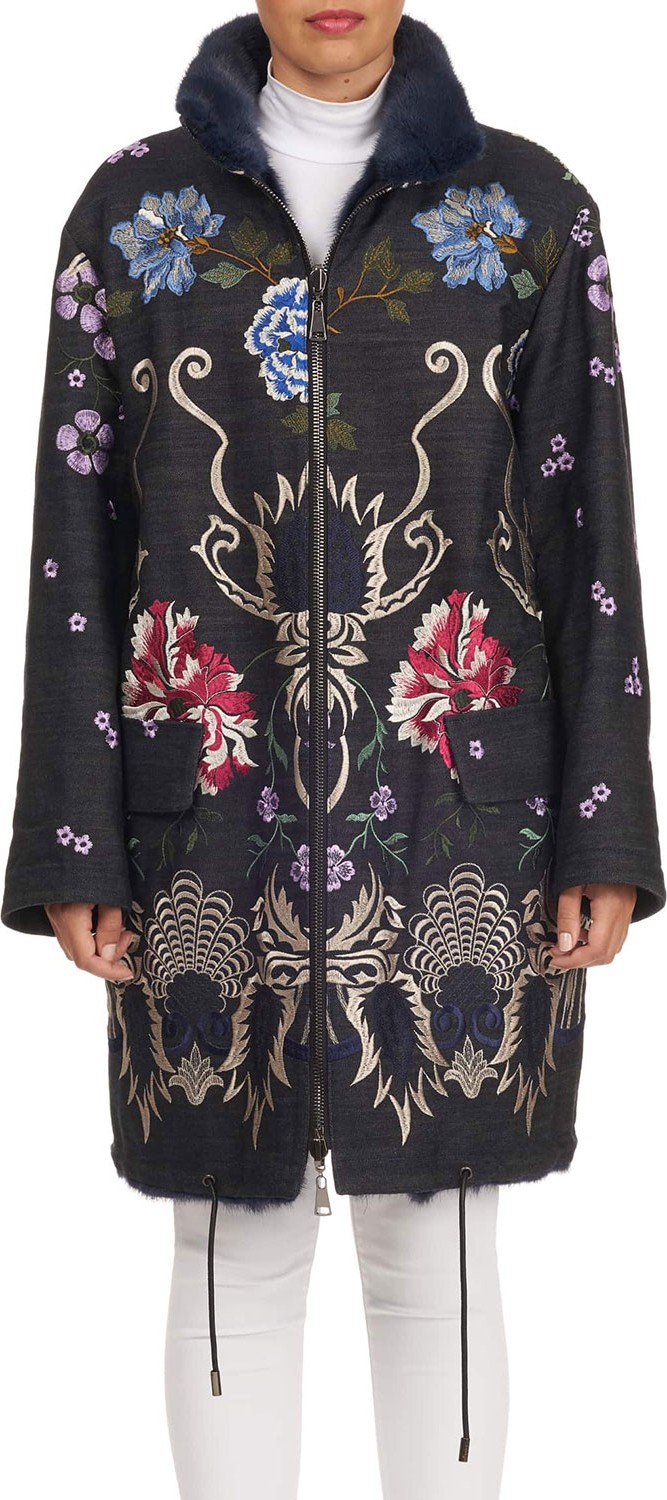 Gianfranco Ferre Reversible Embroidered Denim Mink Fur Stroller Jacket