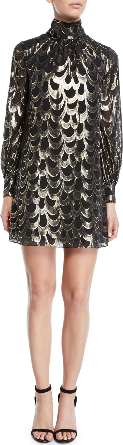 MILLY Sherie Long-Sleeve Metallic Silk Chiffon Dress
