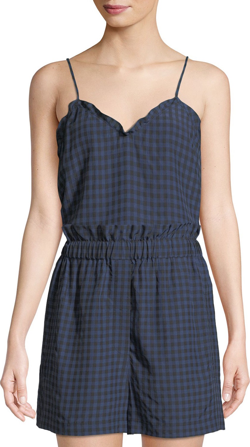 Tibi Gingham-Print Ruffle Cami Top