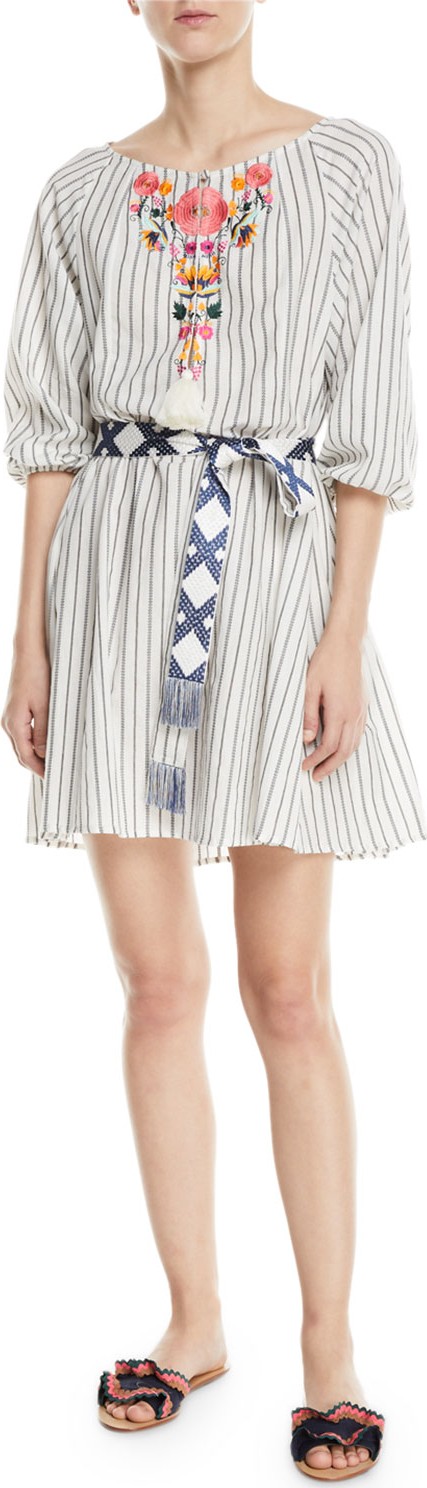 FIGUE Edette Embroidered Pinstriped Peasant Dress