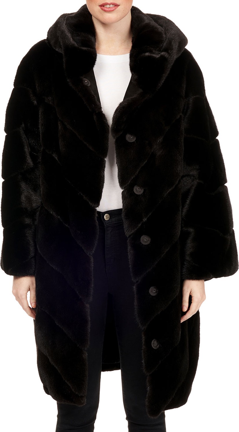 Maurizio Braschi Hooded Mink Chevron Fur Parka Coat w/ Belt