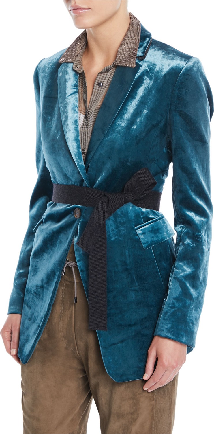 Brunello Cucinelli One-Button Velvet Blazer w/ Grosgrain Belt