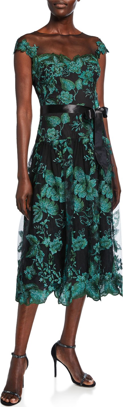 Rickie Freeman for Teri Jon Rem Metallic Floral Cap-Sleeve Tulle Cocktail Dress