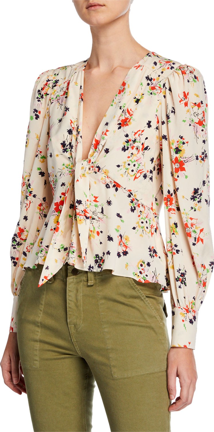 Veronica Beard Payton Floral Tie-Front Silk Blouse