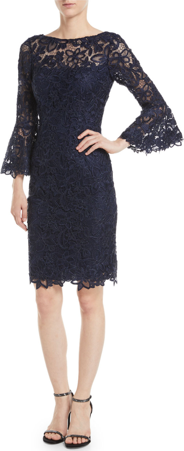 Rickie Freeman for Teri Jon Bell-Sleeve Sheath Cocktail Dress in Lace