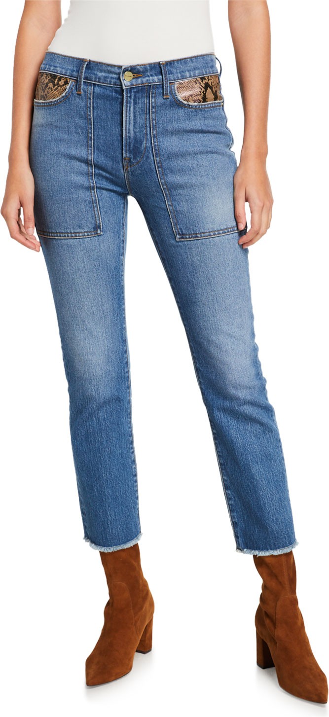 FRAME DENIM Le High Straight Ankle Jeans with Python Patchwork