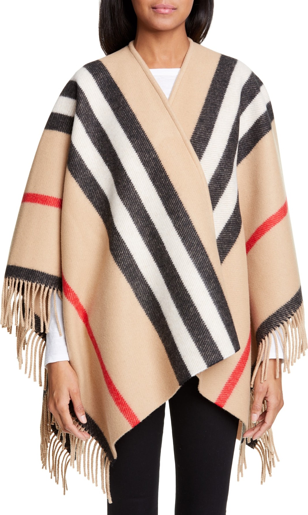 Burberry London England Stripe Fringe Wool Cape