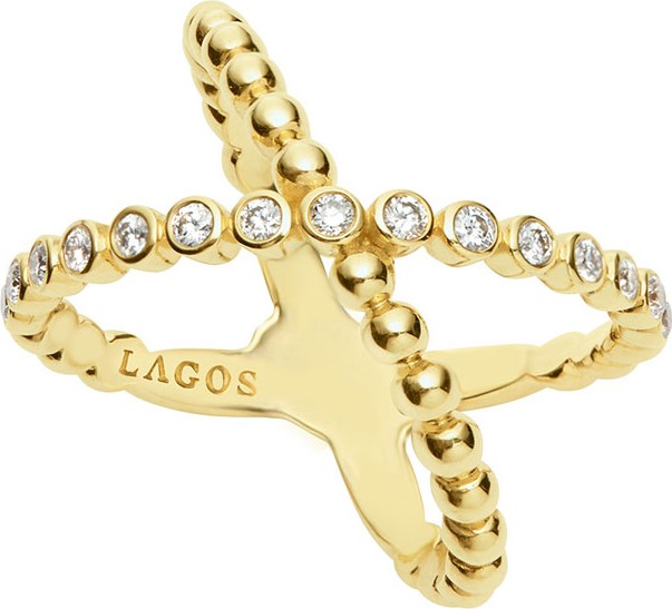 LAGOS 18k Caviar Gold Diamond X Ring, Size 7