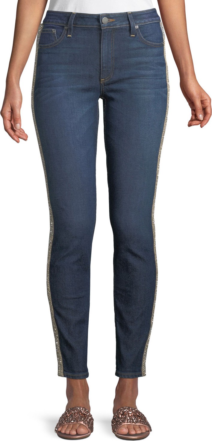 Alice + Olivia Good Mid-Rise Skinny Jeans with Crystal Stripes