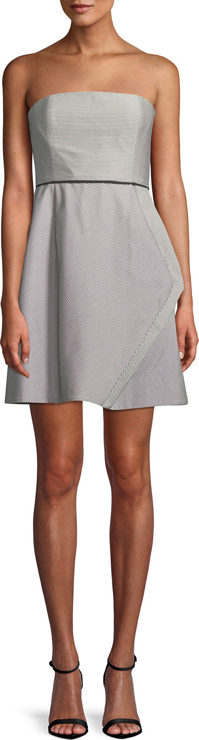 HALSTON HERITAGE Striped Strapless Cocktail Dress w/ Folded Drape
