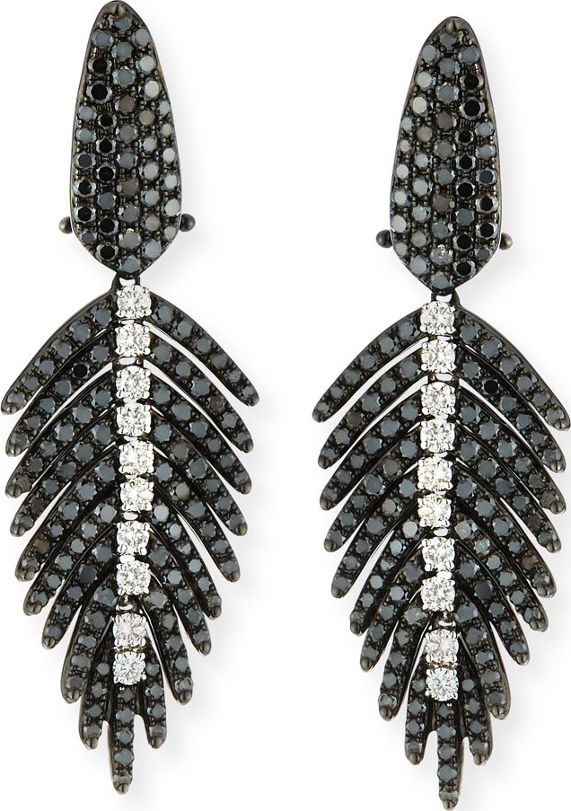 SUTRA 18k White Gold Diamond Feather Drop Earrings