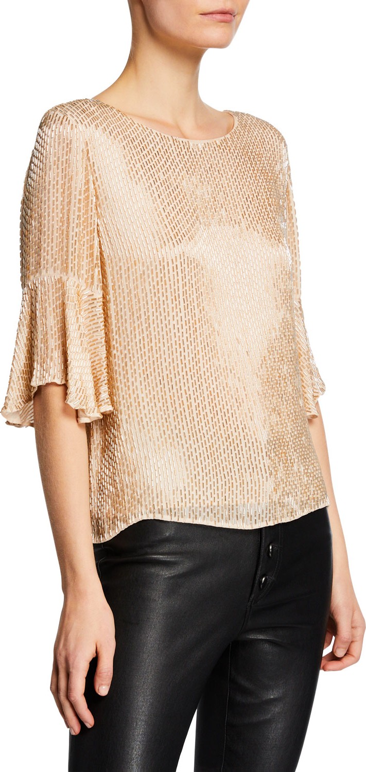 Alice + Olivia Bernice Embellished Ruffle-Sleeve Top