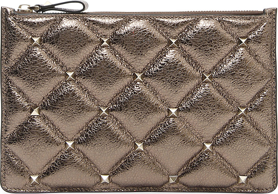 Valentino Candystud Medium Flat Metallic Leather Pouch Bag