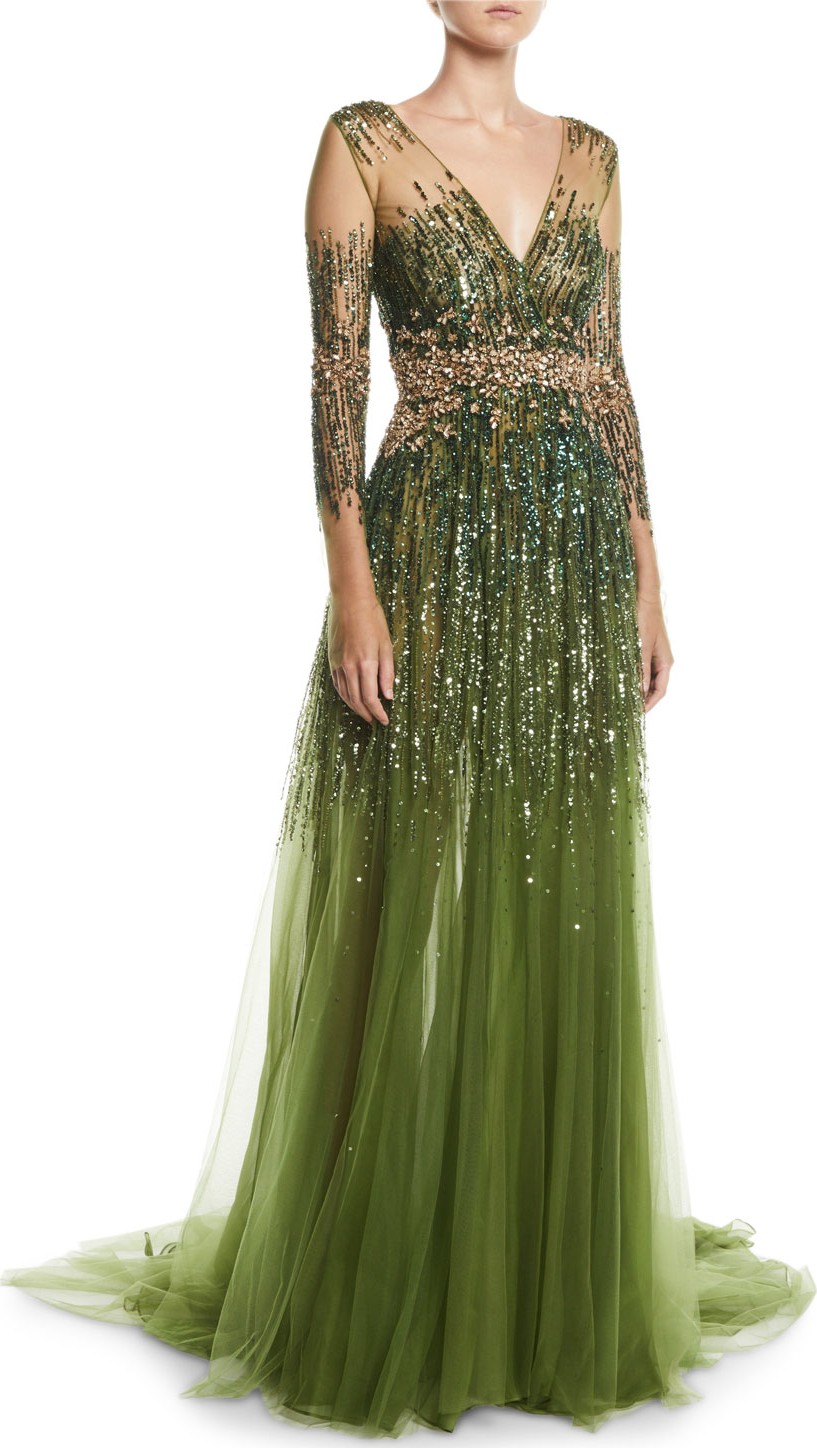 Pamella Roland Long-Sleeve Sequined Illusion Gown