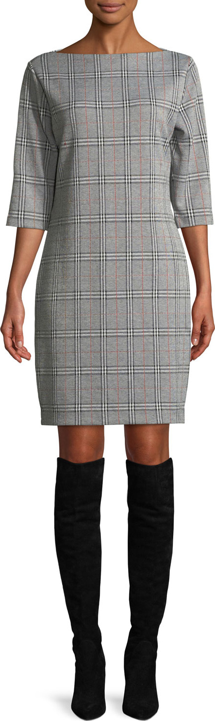 Joan Vass High Boat-Neck 3/4-Sleeve Stretch-Plaid Sheath Dress