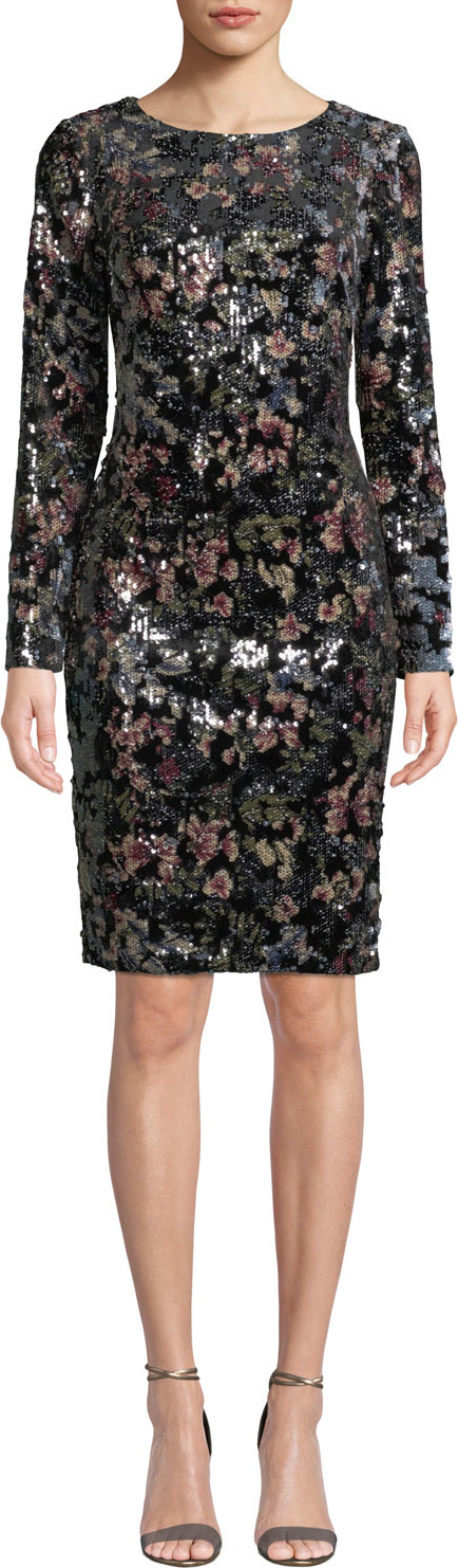 Badgley Mischka Floral-Sequin Long-Sleeve Velvet Dress
