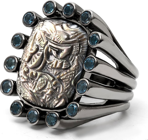 Stephen Dweck Carved Gray Mother-of-Pearl Ring with Blue Topaz, Size 7