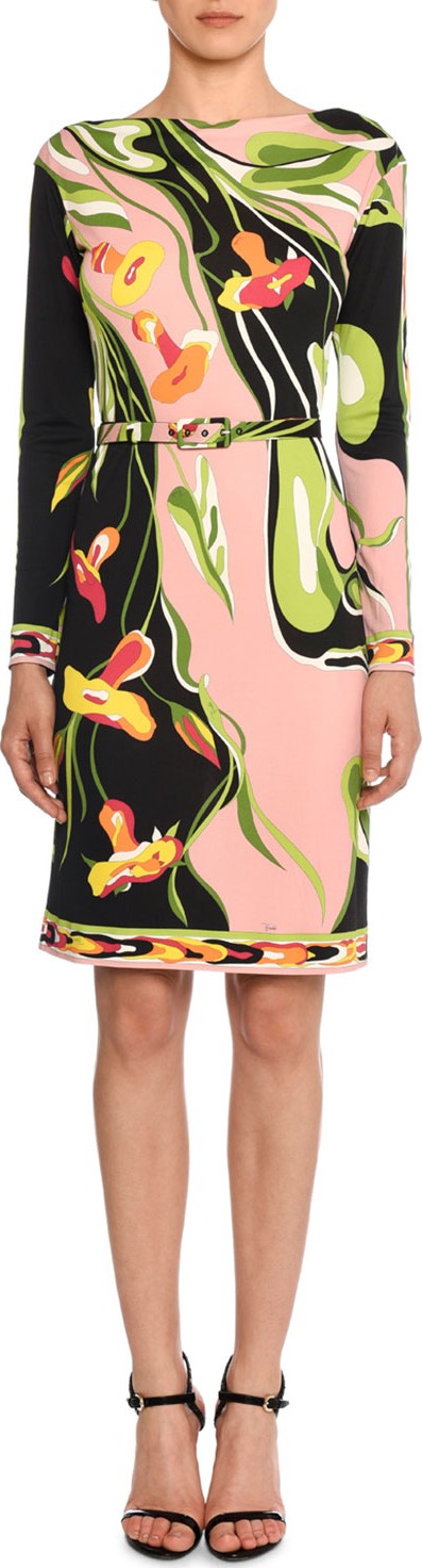 Emilio Pucci Boat-Neck Long-Sleeve Water Lily Print Shift Dress