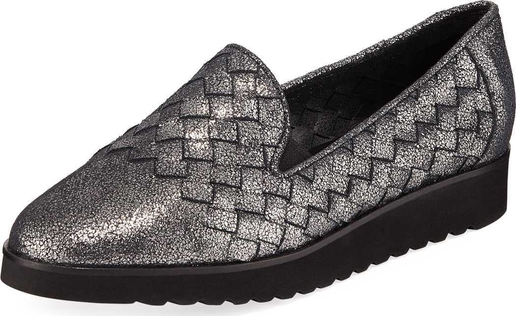 Sesto Meucci Naia Iconic Woven Leather Loafers, Black Metallic