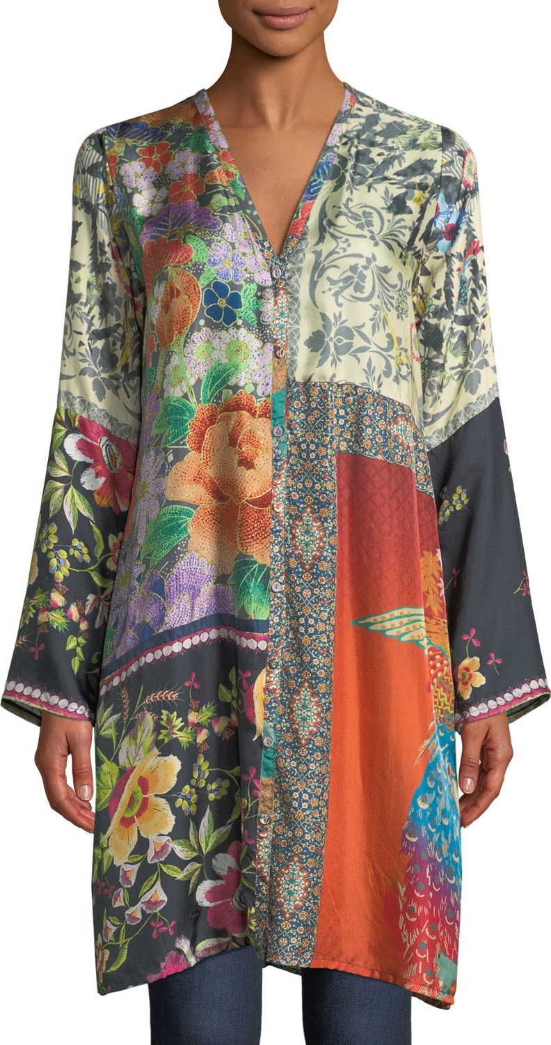 Johnny Was Peadover Long Button-Front Silk Cardigan