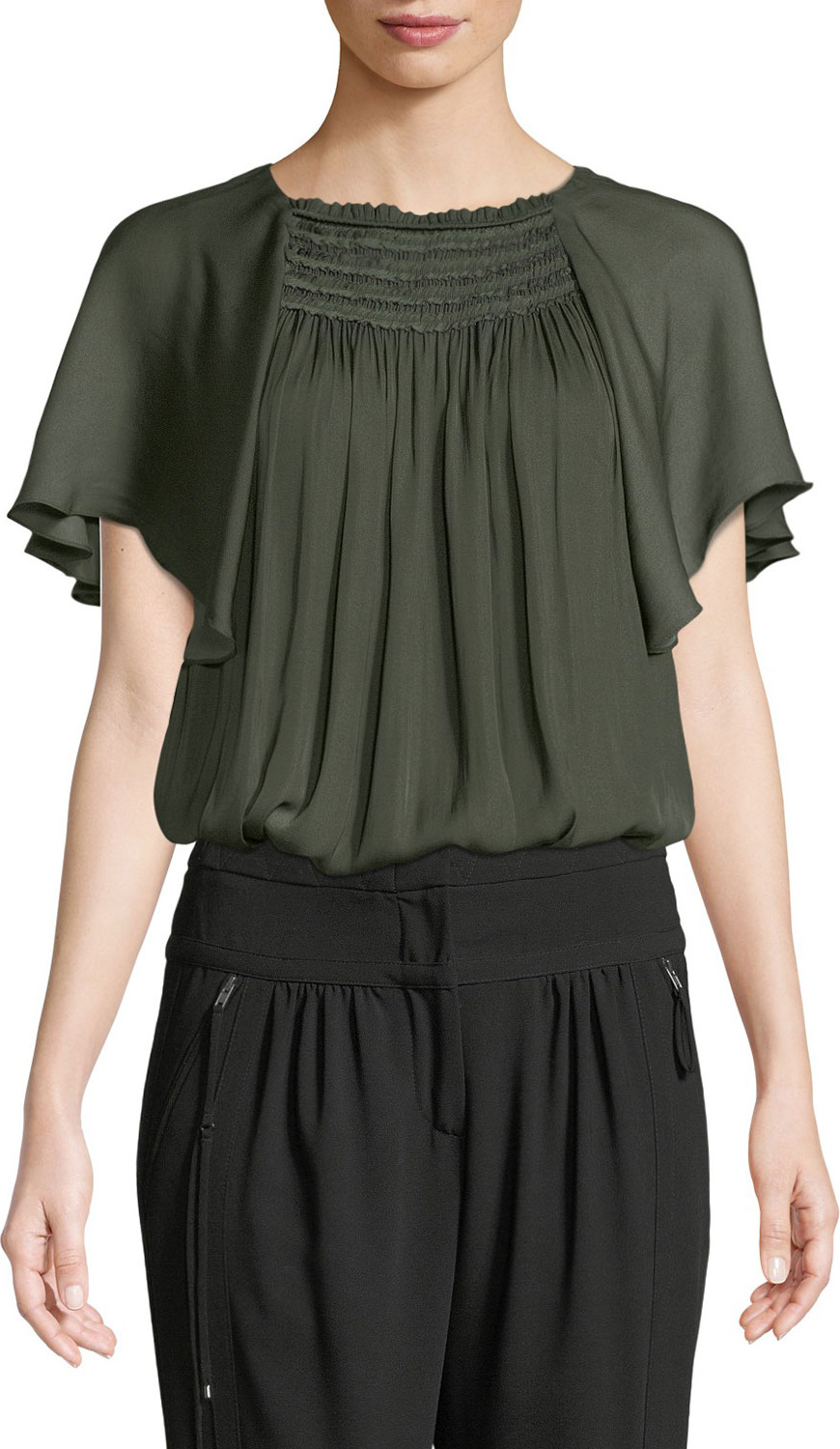 HALSTON HERITAGE Smocked Flutter-Sleeve Blouse