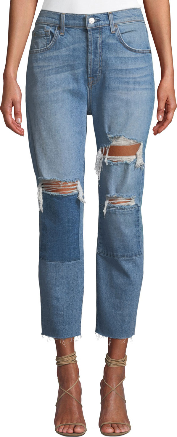 7 For All Mankind Josephina High-Waist Straight-Leg Patchwork Jeans w/ Raw-Edge Hem