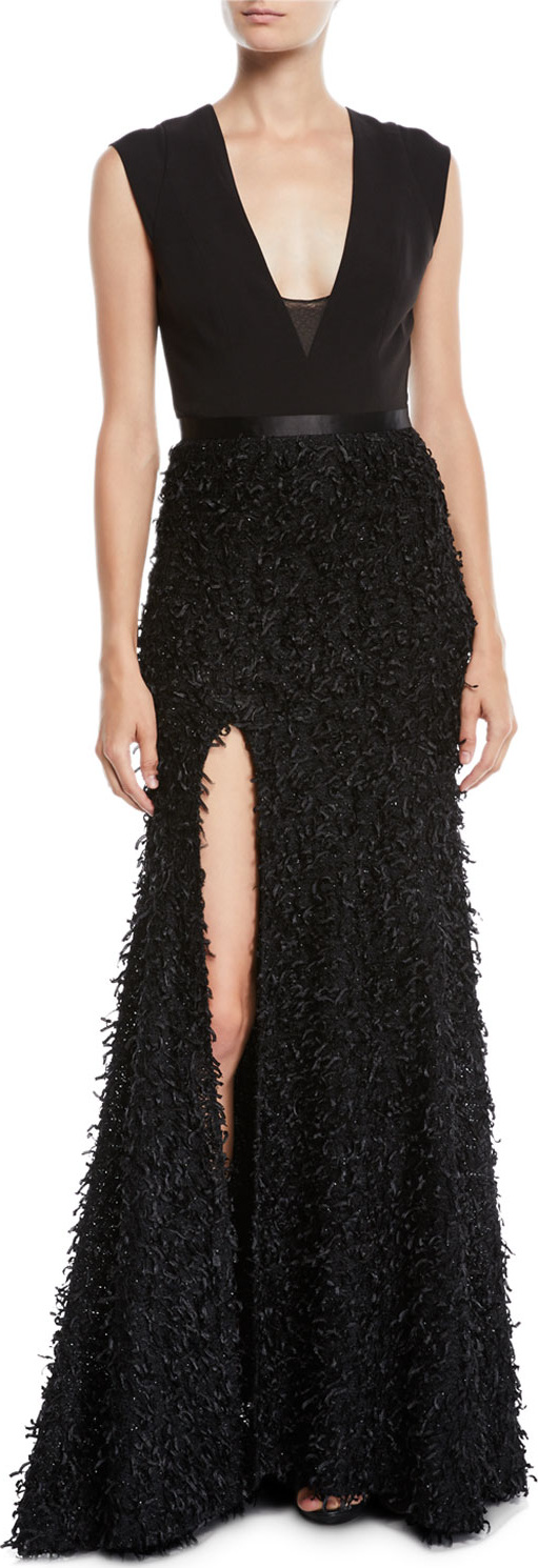 HALSTON HERITAGE Sleeveless Gown w/ Boucle Feather Skirt