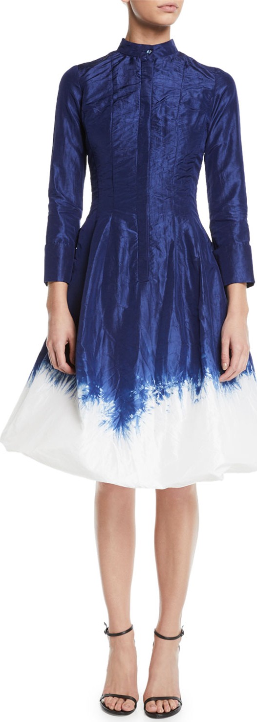 Oscar De La Renta Long-Sleeve Dip-Dye Bubble-Hem Fit-and-Flare Dress