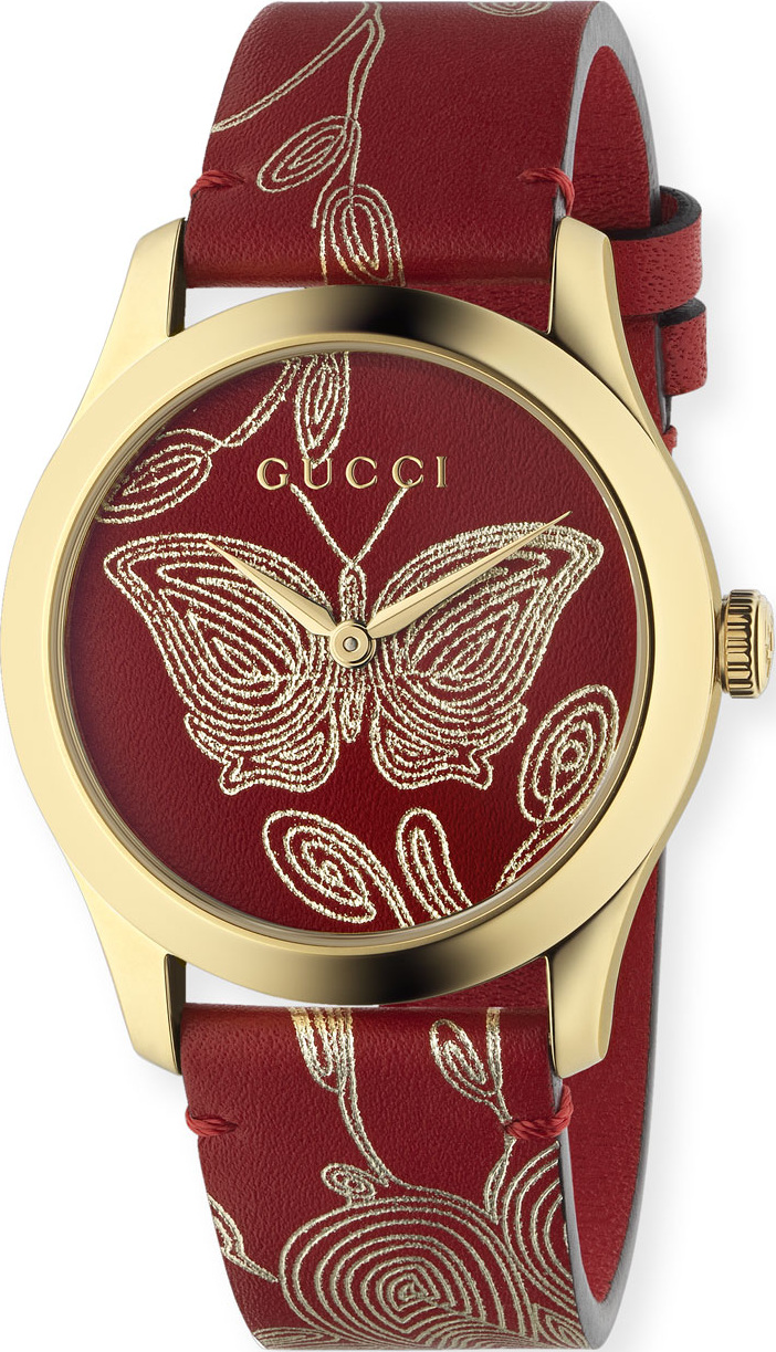 Gucci G-Timeless Embroidered Butterfly Watch w/ Leather Strap