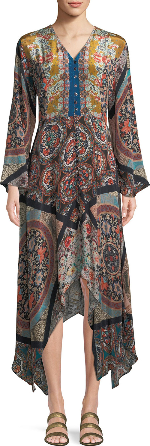 Tolani Clara V-Neck Button-Front Long-Sleeve Mixed-Print Maxi Dress w/Handkerchief Hem