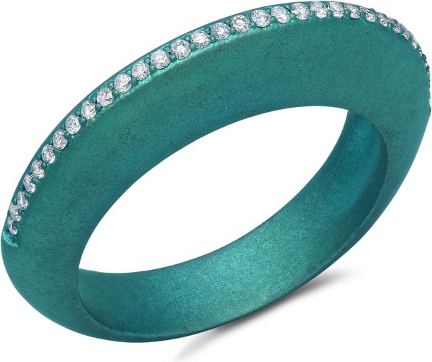 Graziela Gems Titanium Diamond Ring in Teal, Size 7