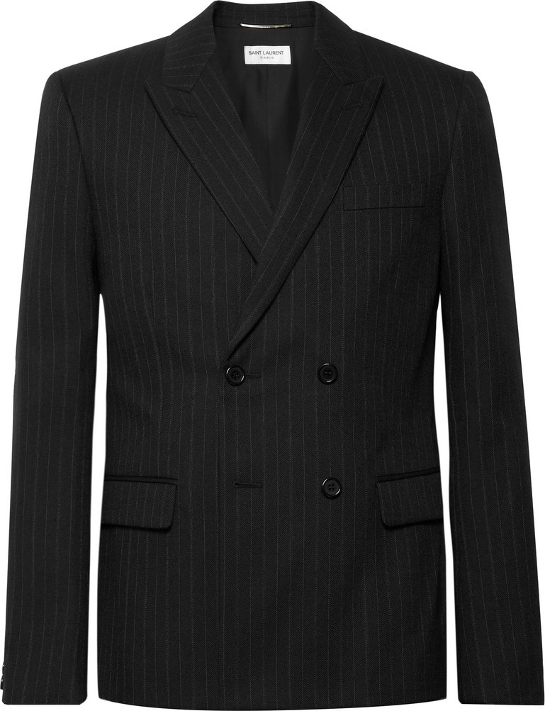 Saint Laurent Black Slim-Fit Double-Breasted Pinstriped Wool-Blend Blazer