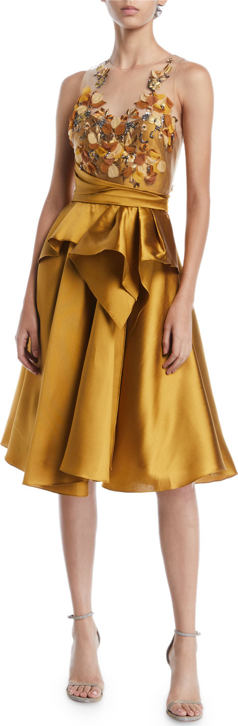 Marchesa Notte Halter Illusion & Embroidered Bodice Dress