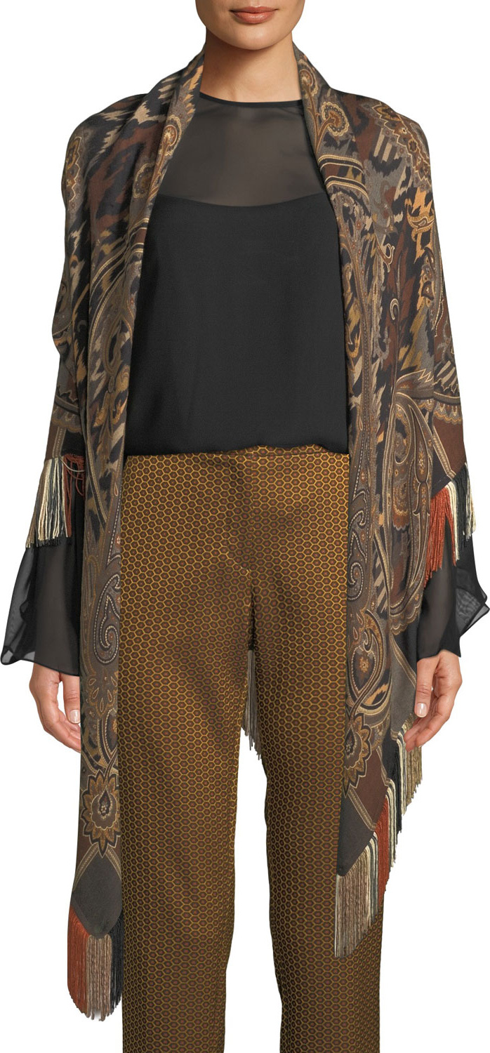 Etro Paisley Wrap w/ Multicolored Fringe Trim