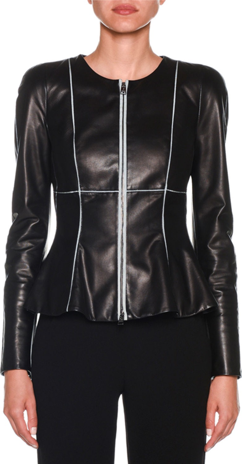 Giorgio Armani Zip-Front Piped Fit & Flare Leather Jacket