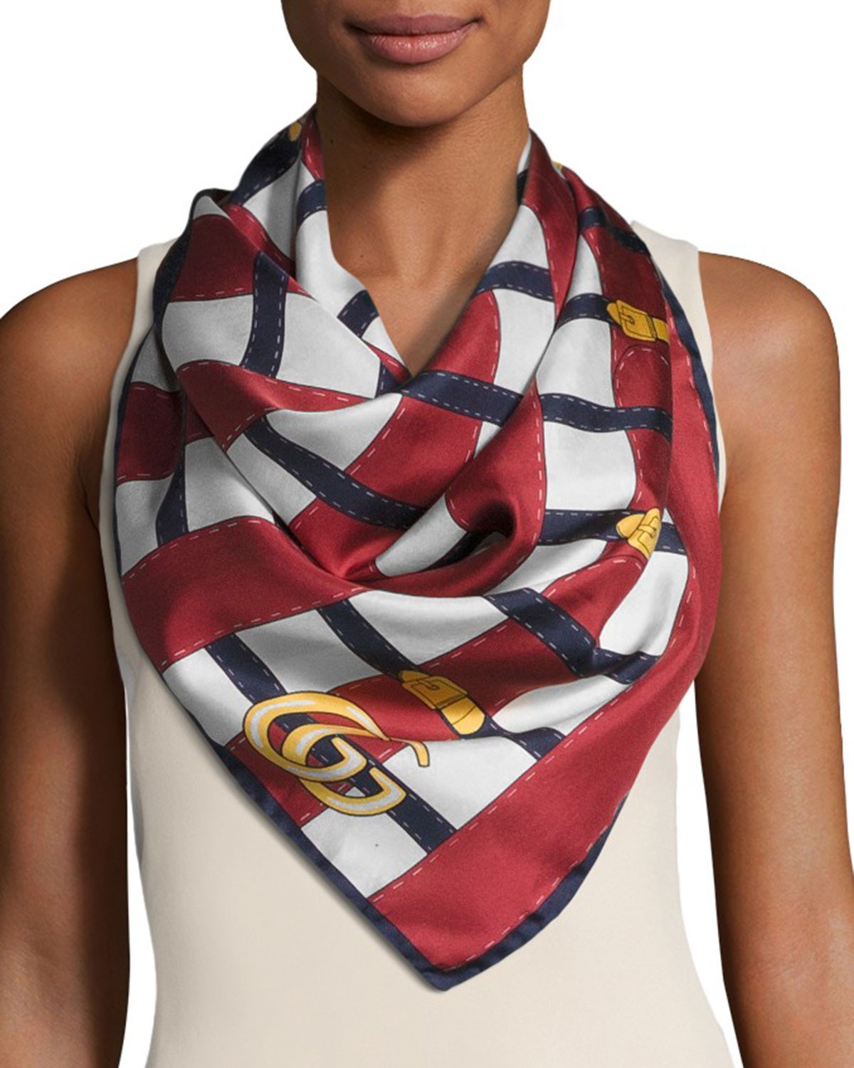 Gucci Belt Trompe l'Oeil Silk Scarf, Blue/White/Red
