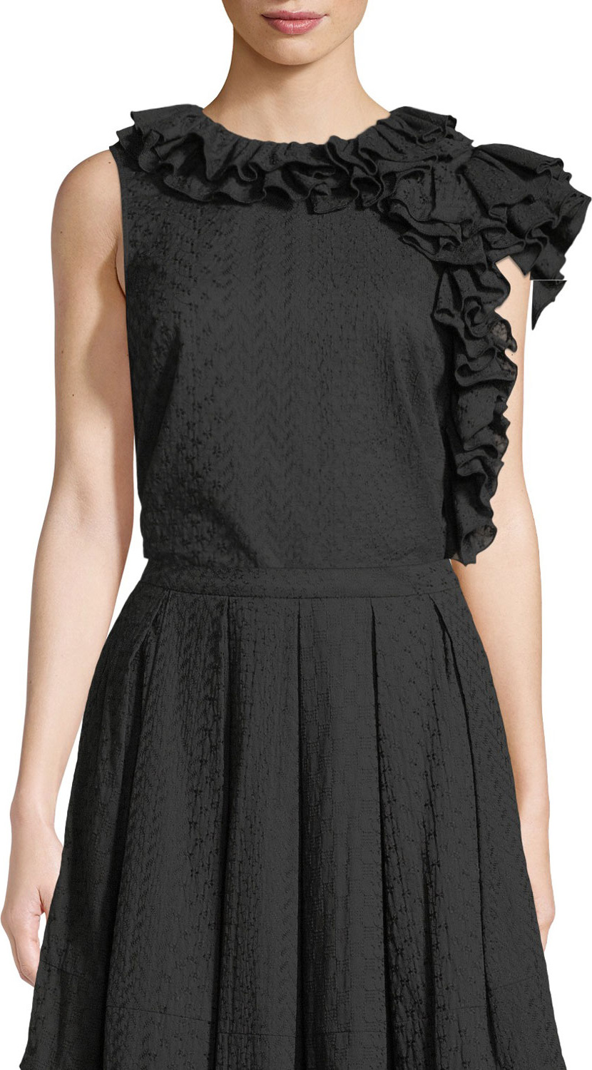 Co Sleeveless Embroidered Cotton Voile Top w/ Ruffle Detail