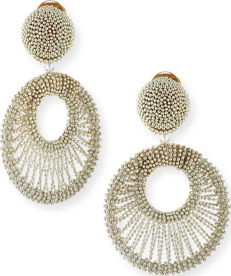 Oscar De La Renta Beaded Hoop Clip Earrings, Silver