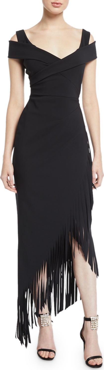 La Petite Robe di Chiara Boni Rhoda Asymmetric Fringe Cold-Shoulder Dress