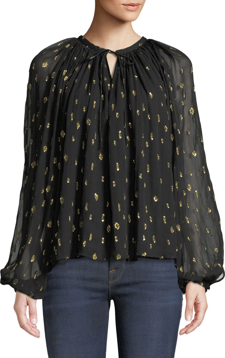 FRAME DENIM Metallic Long-Sleeve V-Neck Peasant Top