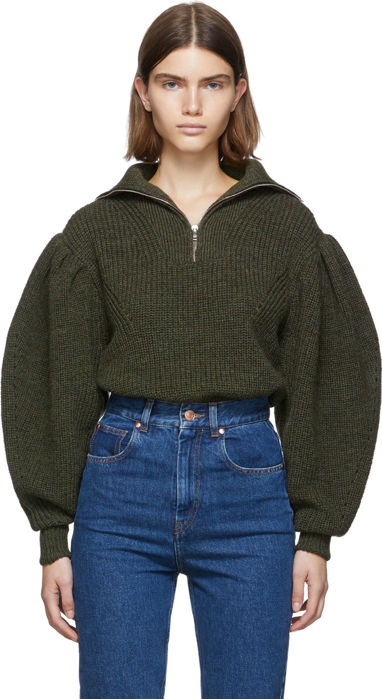 Isabel Marant Green Knit Kuma Half-Zip Sweater